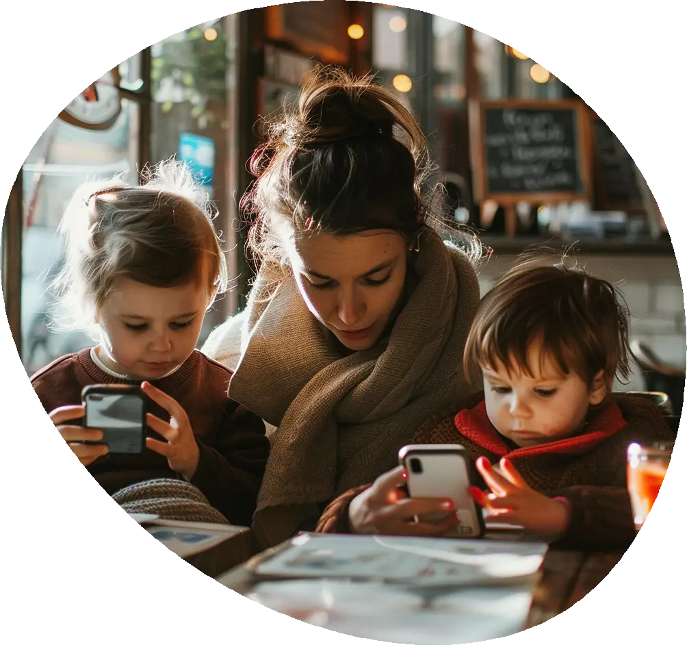 Familj på café med mobiler